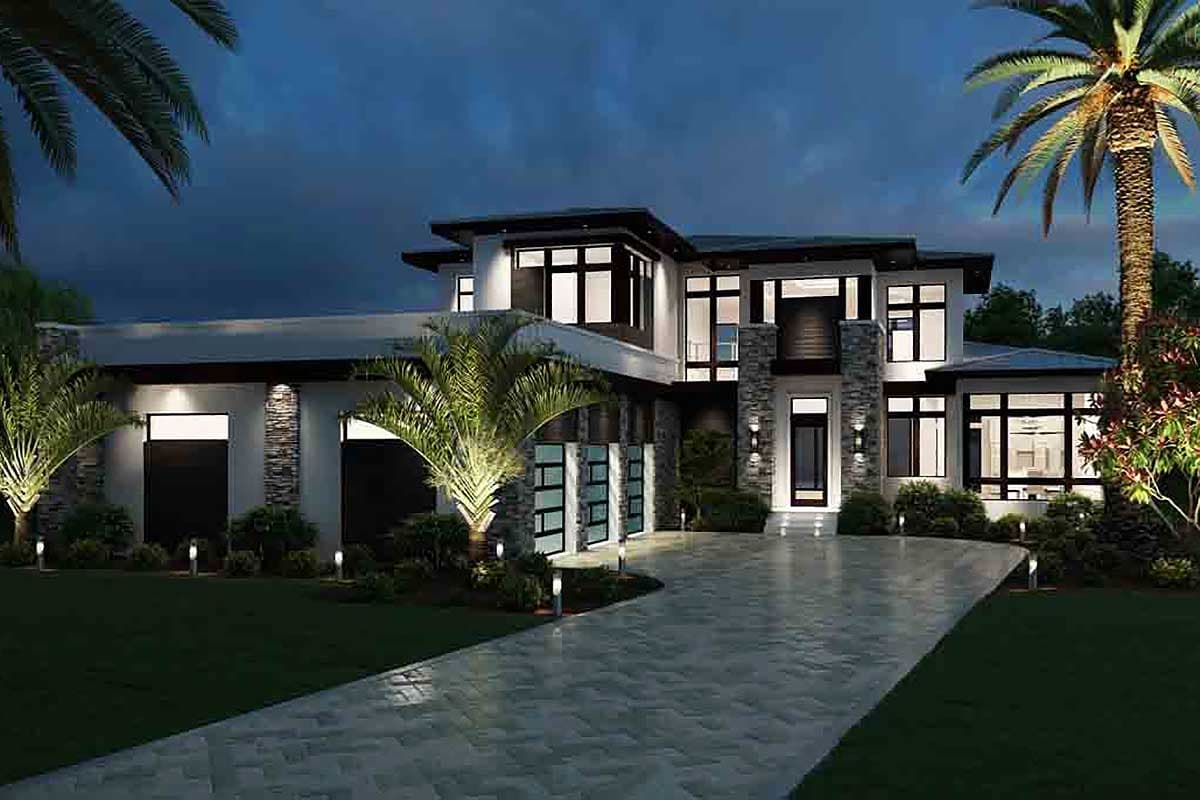 Modern house plan exterior, two stories, flat roof, stone accents, multiple garages, and large windows.