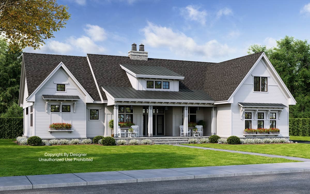 Modern Farmhouse style house plan exterior with a prominent porch, gables, dormers, and a metal roof.