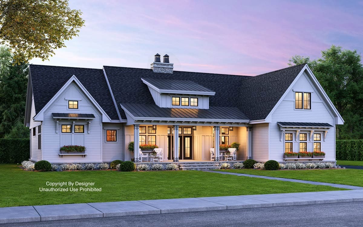 House plan exterior featuring a farmhouse style, single story, with gables, a porch, and dormers.