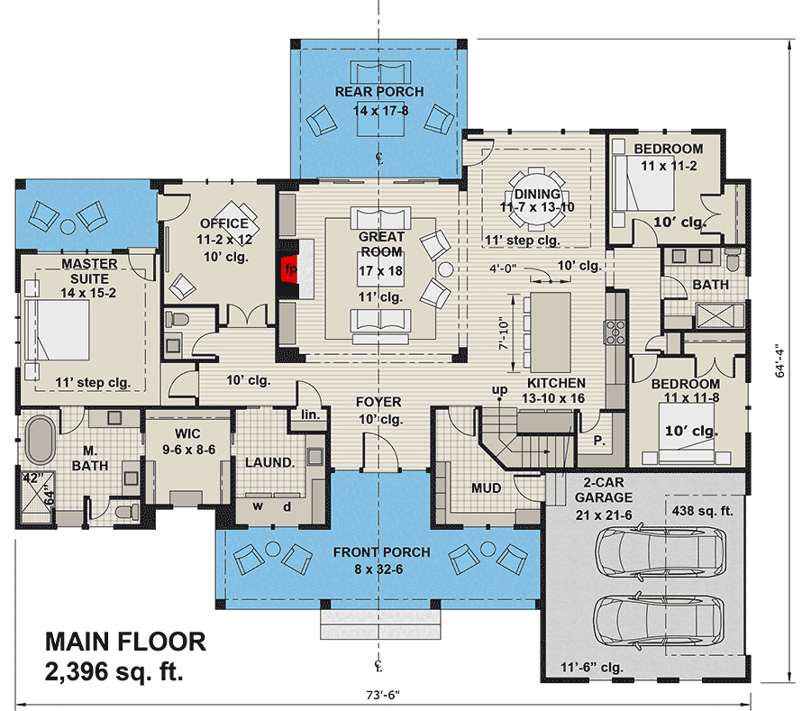 Plan 14694RK: 3-Bed Modern Farmhouse with Home Office and Great Master Suite - 2419 Sq Ft - Floor Plan - Main Level - Country, Craftsman, Modern Farmhouse, New American