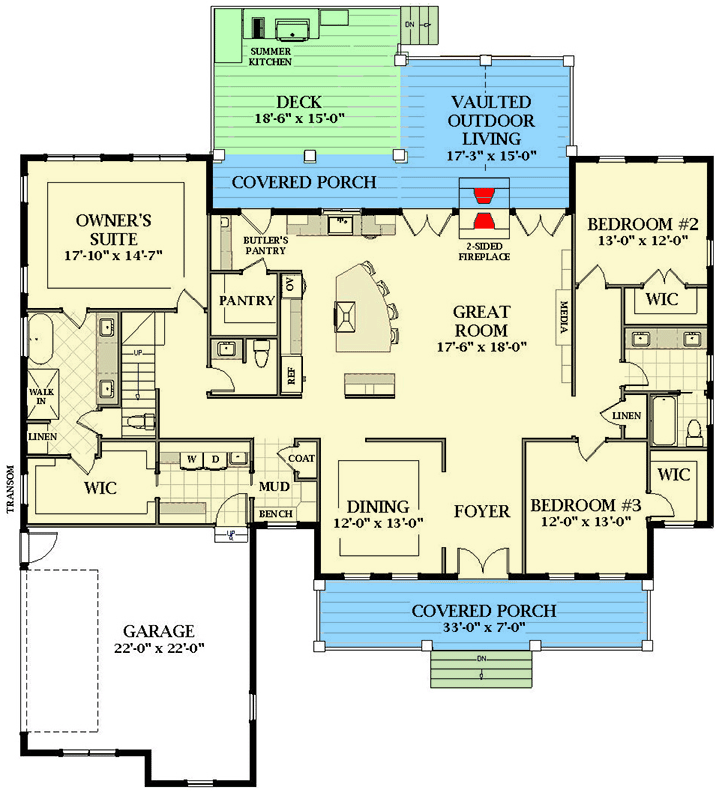 Plan 46430LA: Gorgeous Country Farmhouse Plan with Upstairs Pocket Office - 2478 Sq Ft - Floor Plan - Main Level - Country, Farmhouse, Modern Farmhouse, New American