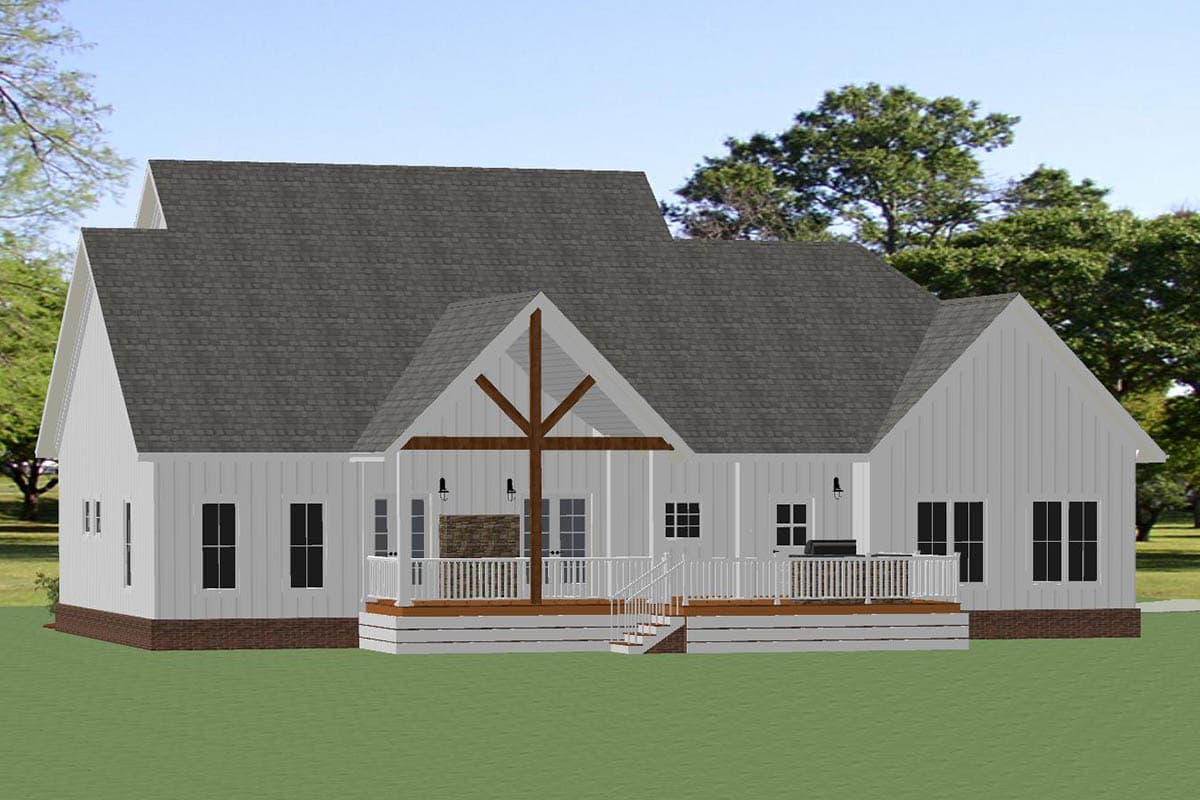 House plan exterior rendering of a Modern Farmhouse style home with a covered porch, wood beams, and expansive deck.
