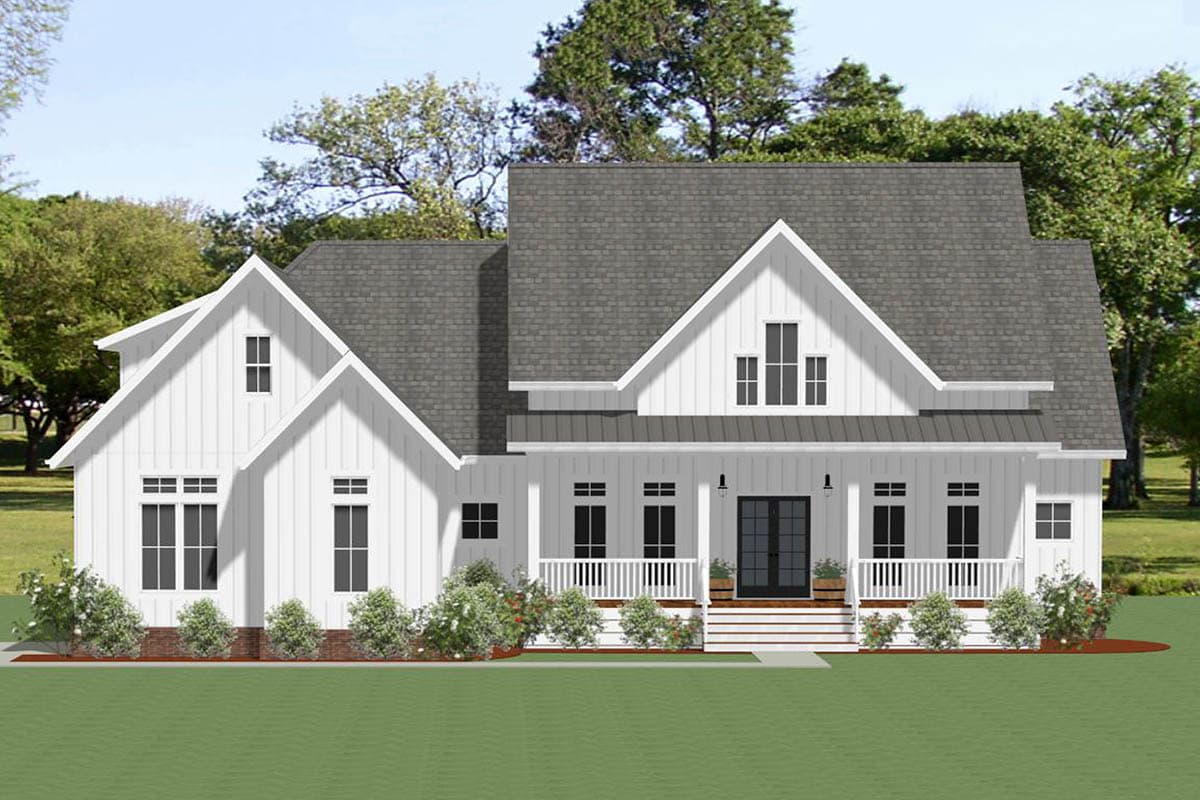 House plan exterior. Two-story Modern Farmhouse with gabled rooflines, a front porch with railing, and board-and-batten siding.