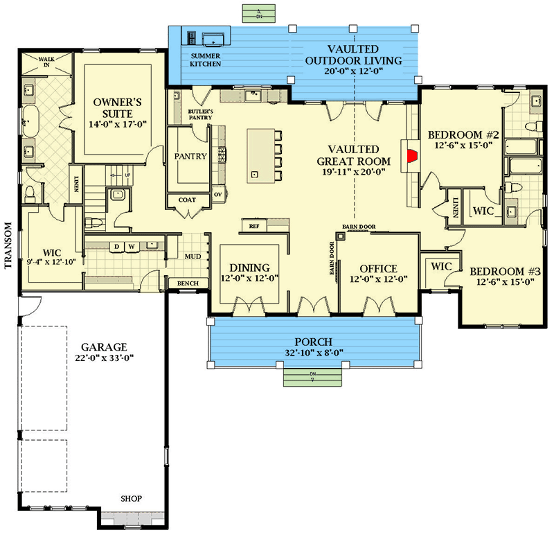 Plan 46431LA: Exclusive Country Home Plan with Split Bedrooms and Home Office - 2851 Sq Ft - Floor Plan - Main Level - Country, Modern Farmhouse, New American, Southern, Traditional