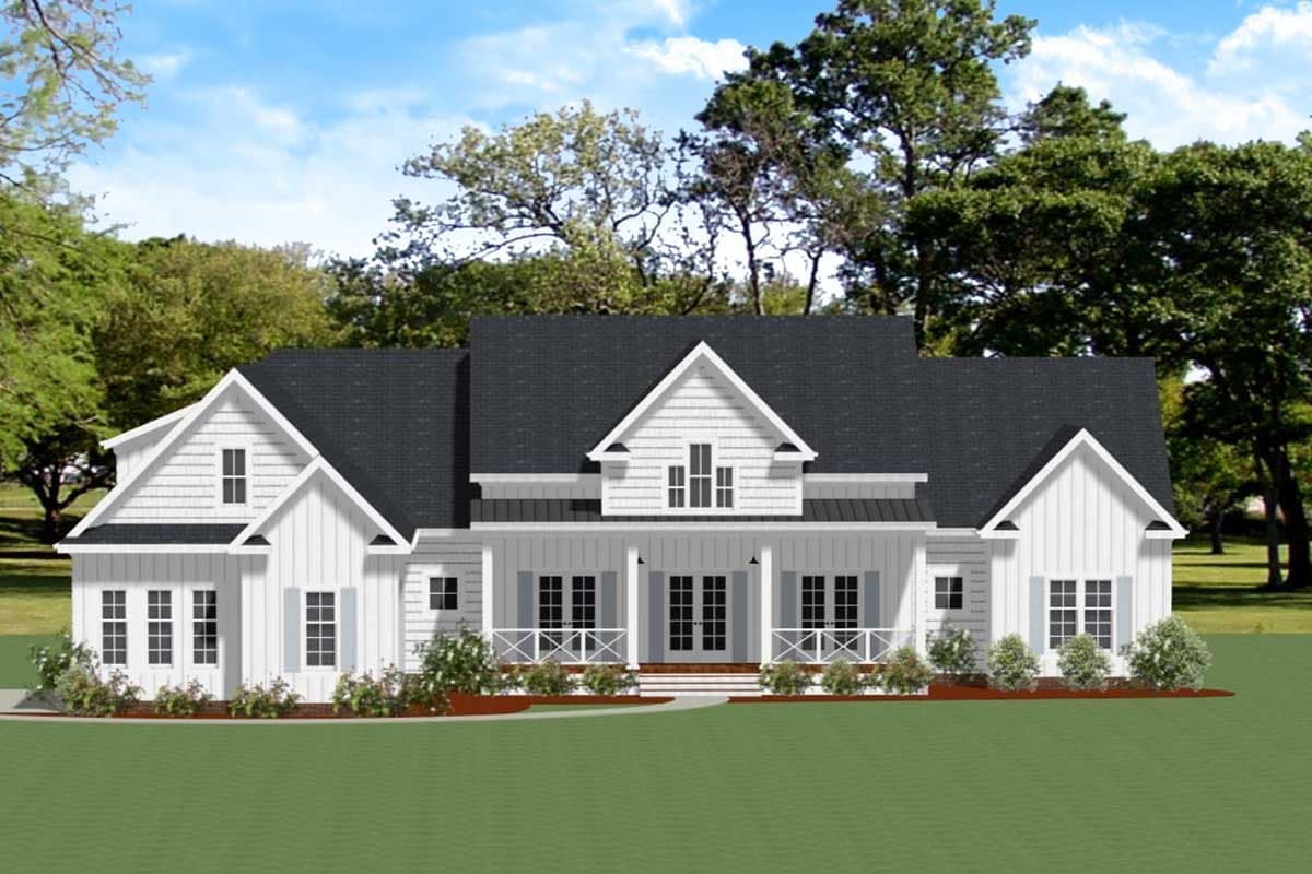 House plan exterior rendering. Modern farmhouse style, one story, with gables, a covered porch, and a dark roofline.
