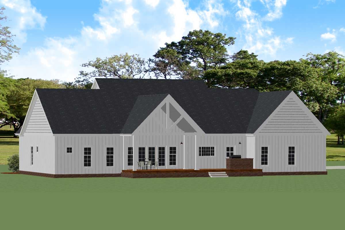 House plan exterior view of a one-story Modern Farmhouse with a prominent gable, covered porch, and brick chimney.