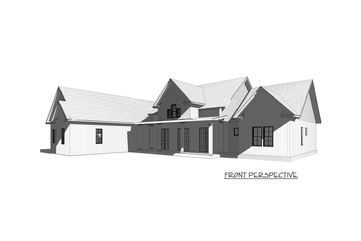 House plan exterior: Ranch style, single-story with gables, covered porch, and various window arrangements.