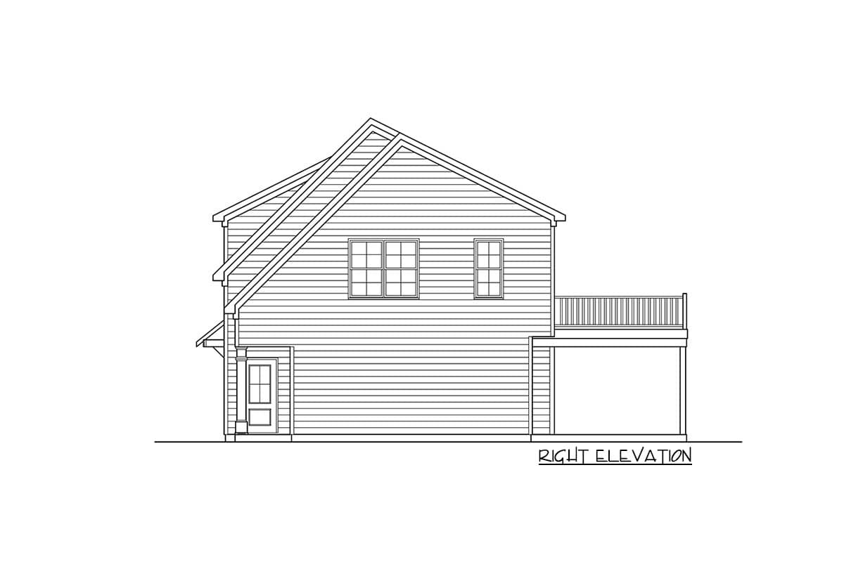 Right elevation drawing of a two-story house plan with horizontal siding, gabled roof, two windows, and a deck.