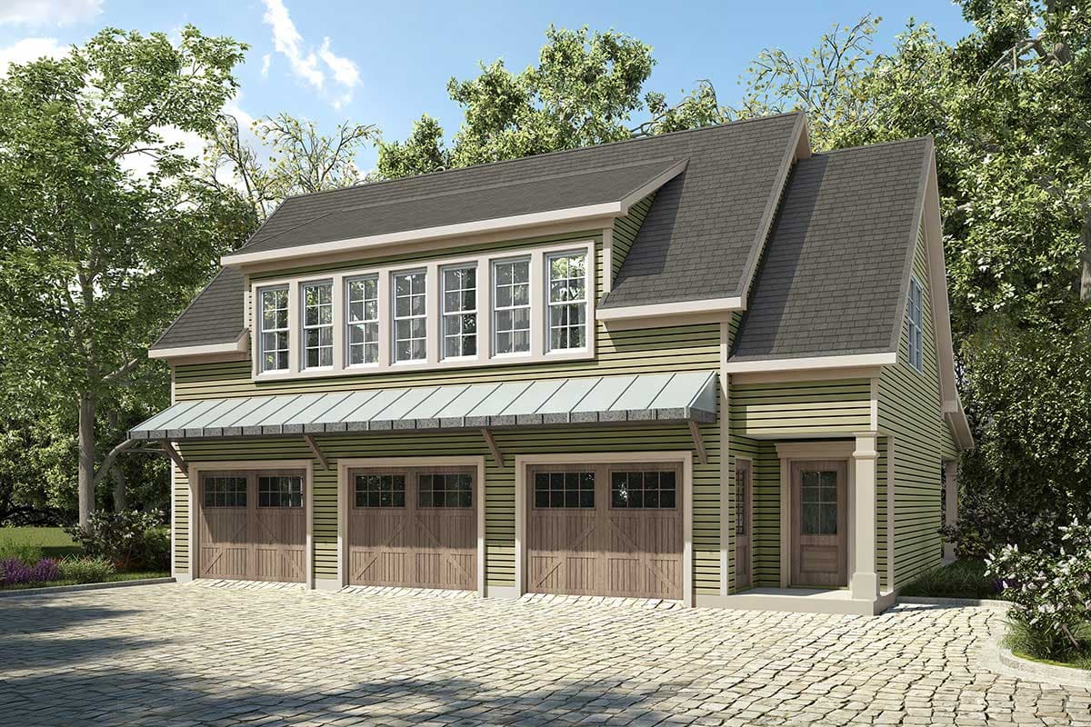 House plan exterior. Two-story garage plan with Craftsman style and shed roof. Features include a metal awning and a trio of garage doors.