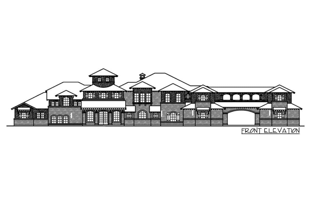 Front elevation drawing of a multi-story house plan with varied rooflines, arched windows, and a central arched entryway.