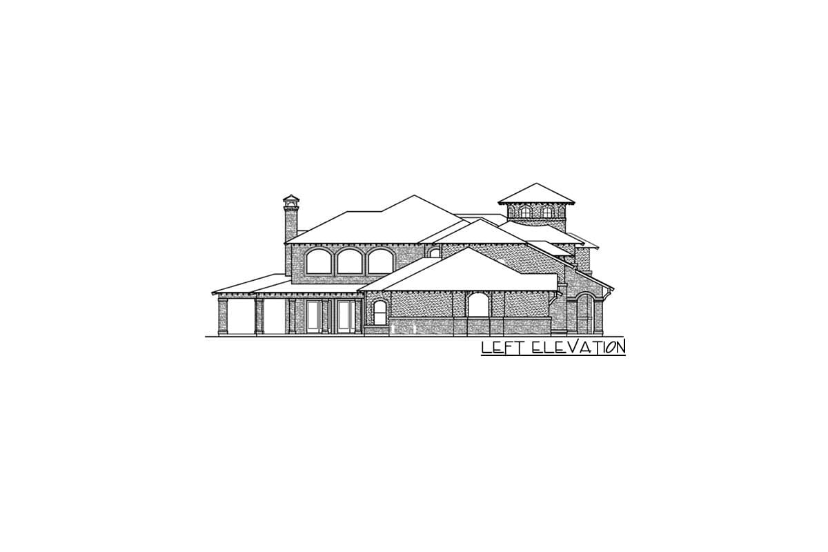 Left elevation drawing of a house plan featuring a covered porch, arched windows, a prominent chimney, and a tower.