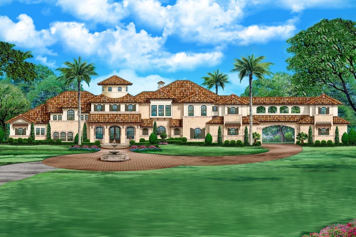 House plan exterior. Two-story Mediterranean-style home with a tile roof, arched entryway, and multiple gables. Features a fountain in front.