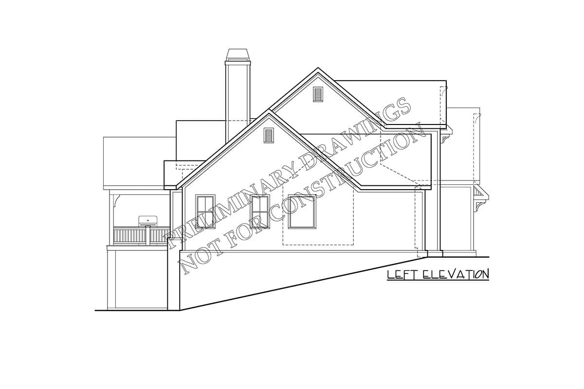 Left elevation house plan drawing showing a two-story structure with a prominent chimney, gabled roof, dormer, and covered porch.