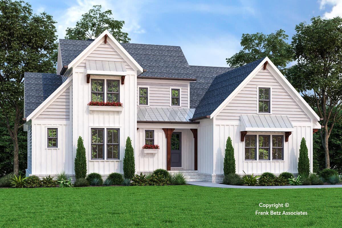 Modern Farmhouse house plan exterior with gables, board and batten siding, and metal awnings over windows.