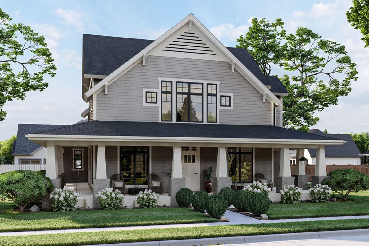 Craftsman style house plan exterior with a wraparound porch, prominent gable, and multi-pane windows.