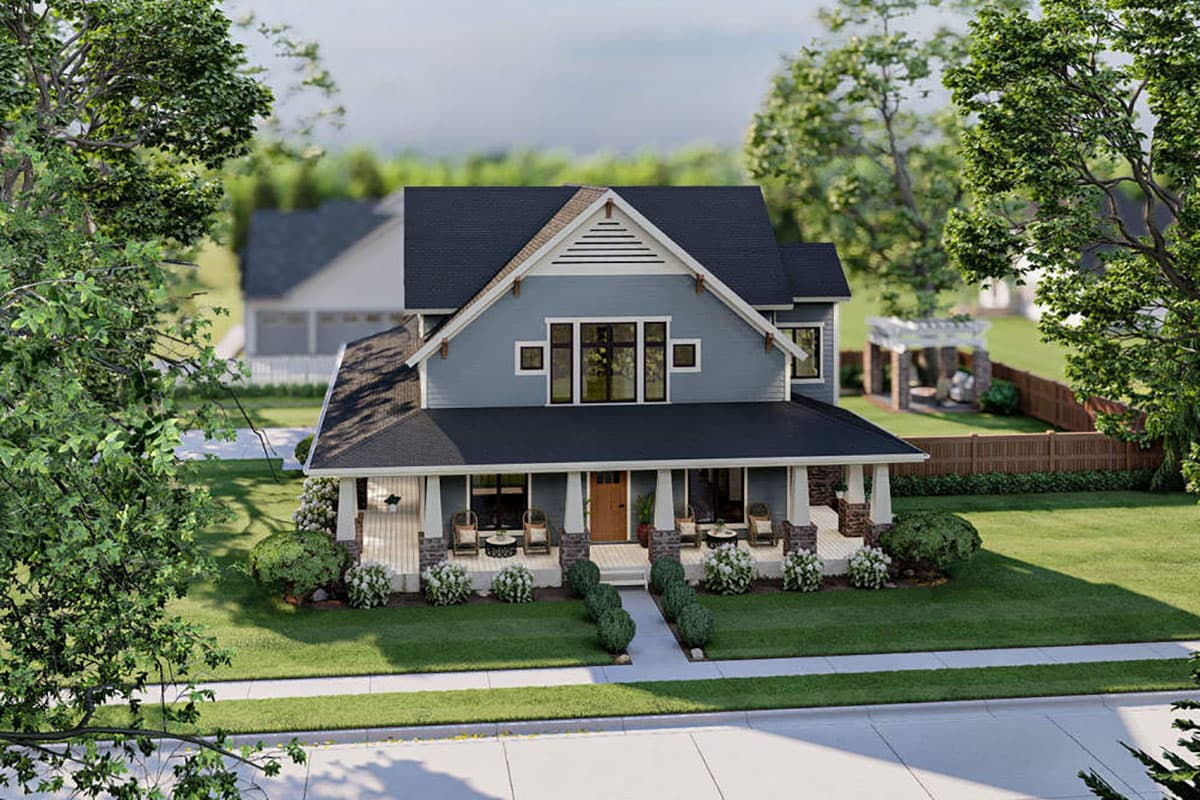 House plan exterior: two-story Modern Farmhouse with wraparound porch, prominent gable, and multiple dormers.