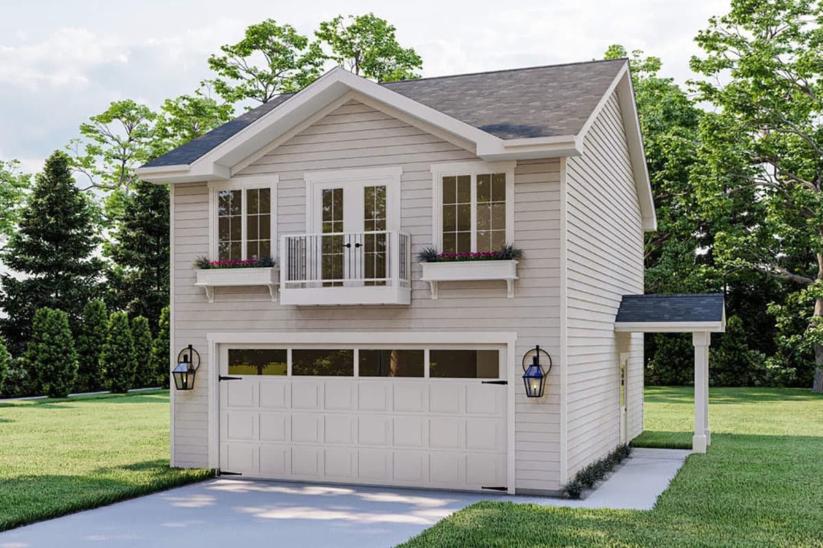 House plan exterior with two stories, a gable roof, a balcony with railing, and a garage door.