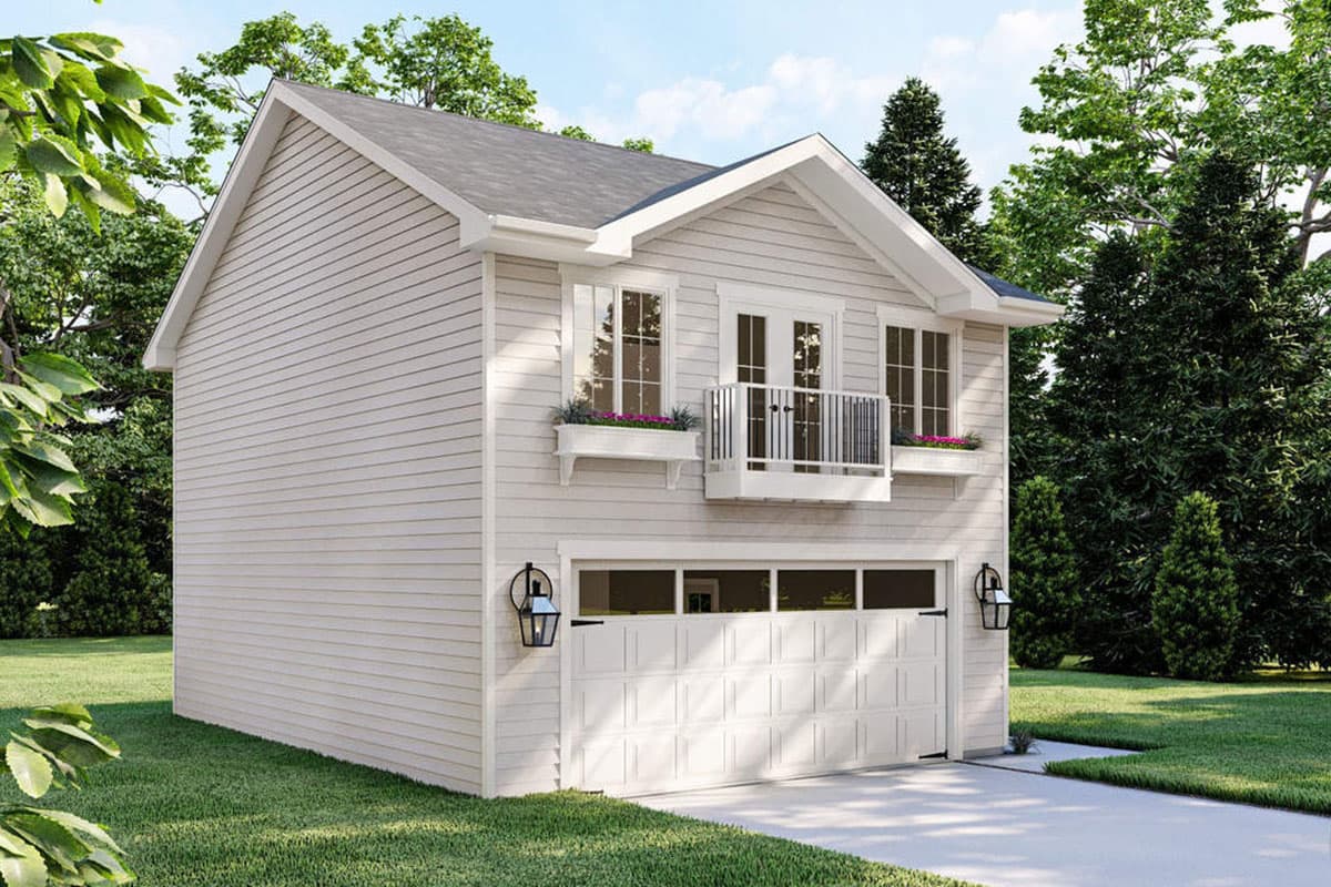 House plan exterior: Two-story home with a detached garage, gable roof, dormer, and balcony above the garage door.