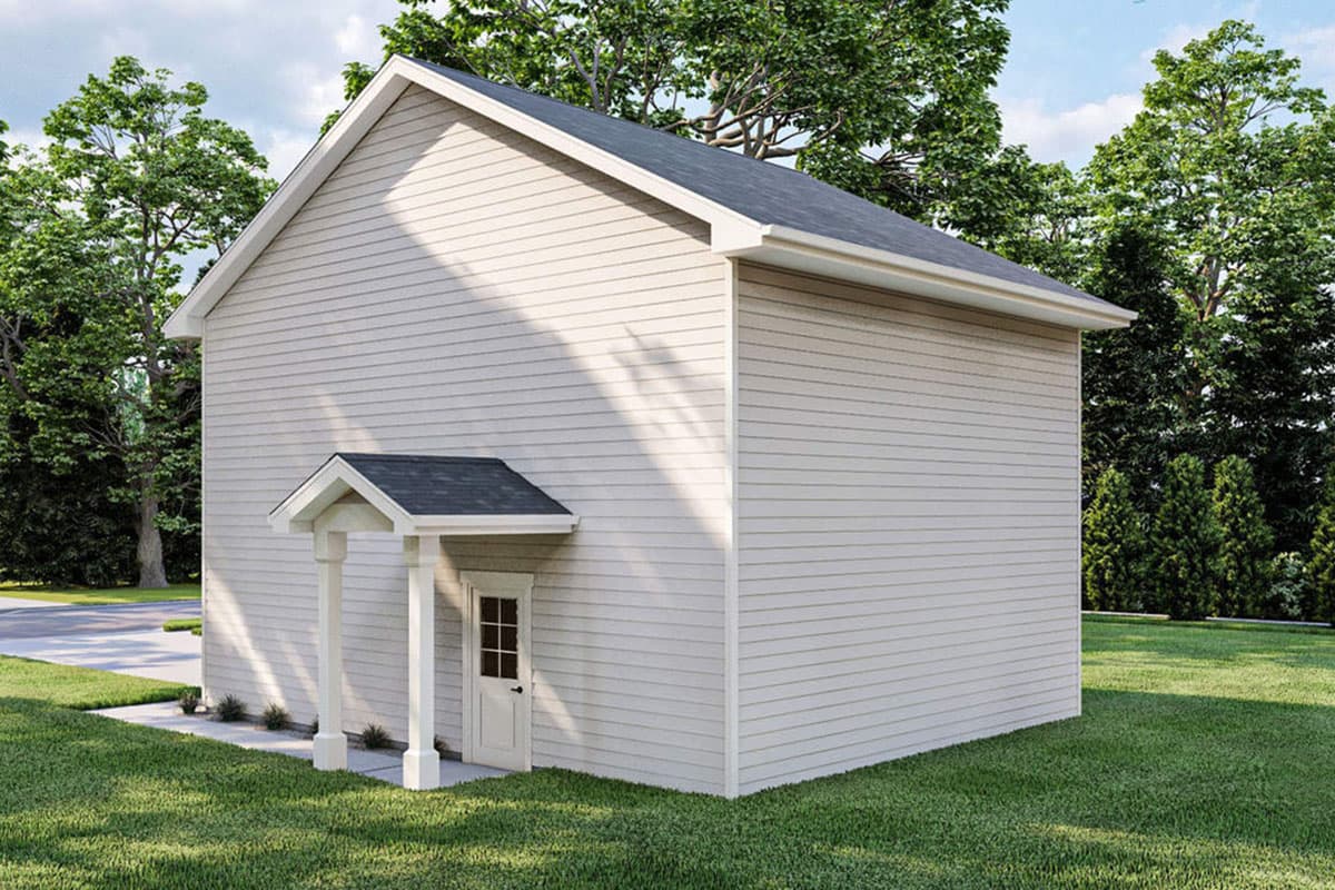 House plan exterior of a two-story modern farmhouse with a gabled roof, vinyl siding, and a small covered entrance with two columns.