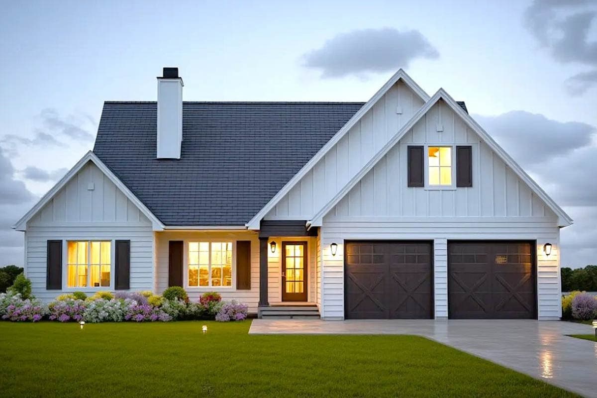 A white farmhouse with a dark roof and brown garage doors. Lush green lawn with colorful flower beds and lighted windows.