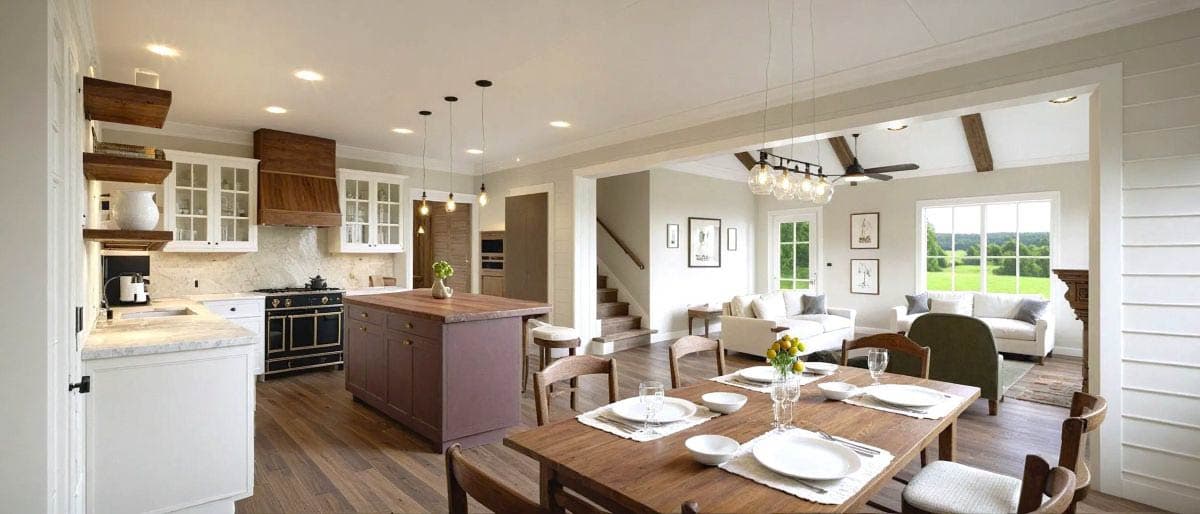 Spacious, open-concept kitchen and dining area with hardwood floors, a large island, and a connected living room with a view.