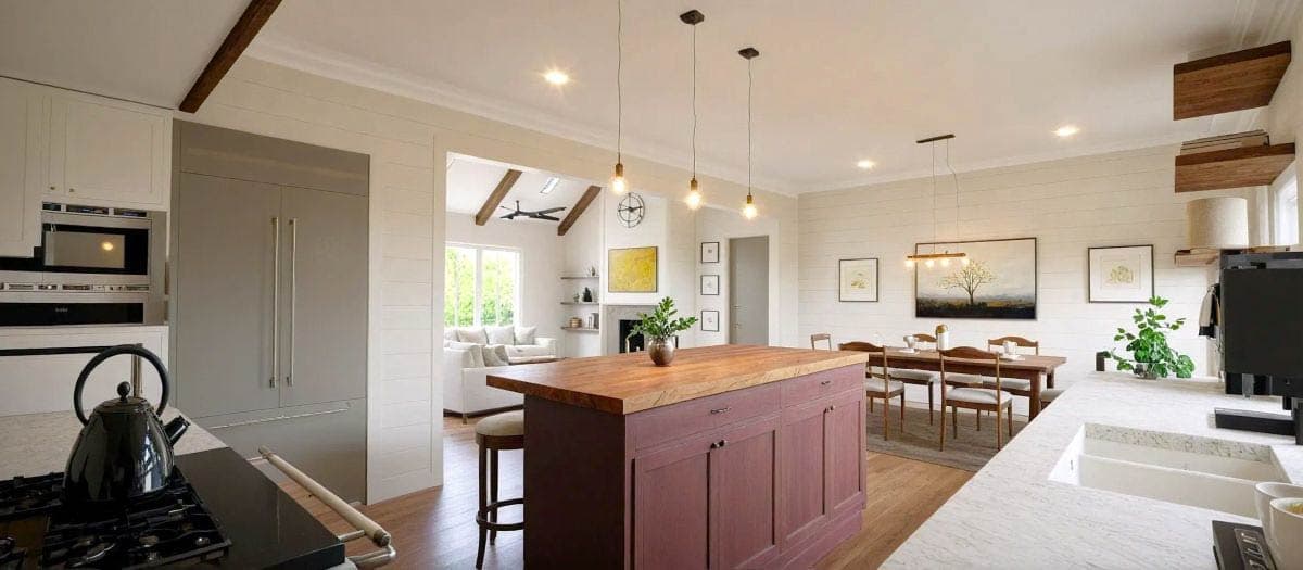 A modern kitchen with a large island and a dining area, featuring wooden floors, white walls, and elegant light fixtures. A living room is visible.