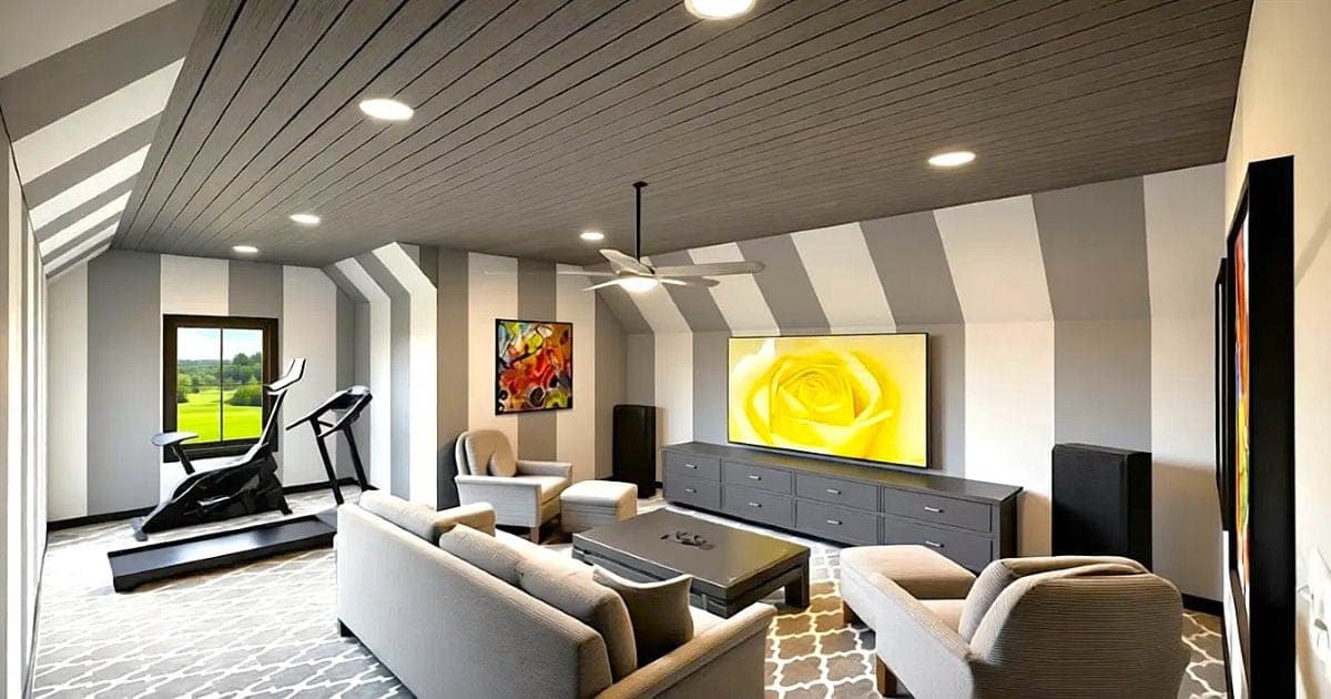 Modern living space with striped walls, a large TV, and seating. A treadmill and elliptical are visible, suggesting a combined living and workout area.