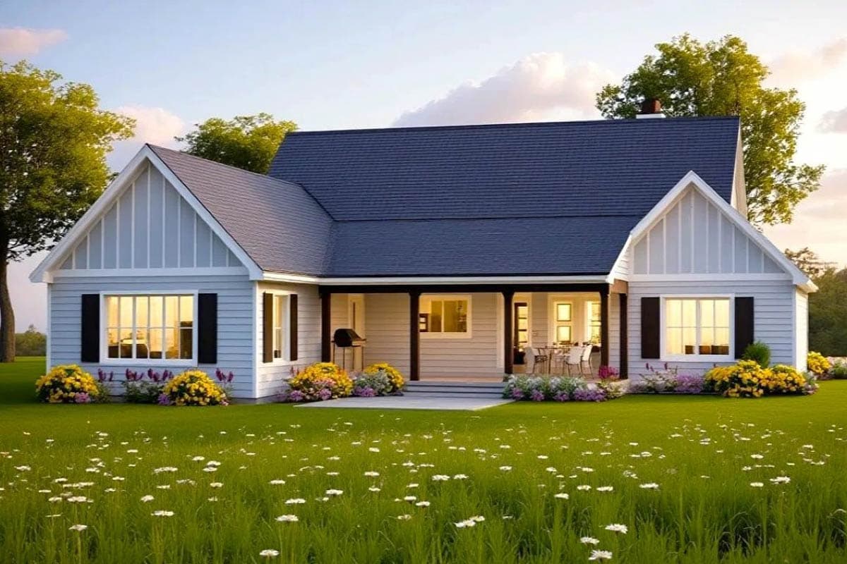 A charming, light blue house with dark trim and a large, dark roof. Yellow and purple flowers frame the house in front of a green lawn.