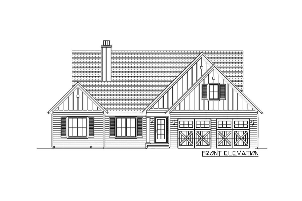 Line drawing of a house front elevation. The two-story home features a gabled roof, multiple windows, a centered door, and three-car garage doors.