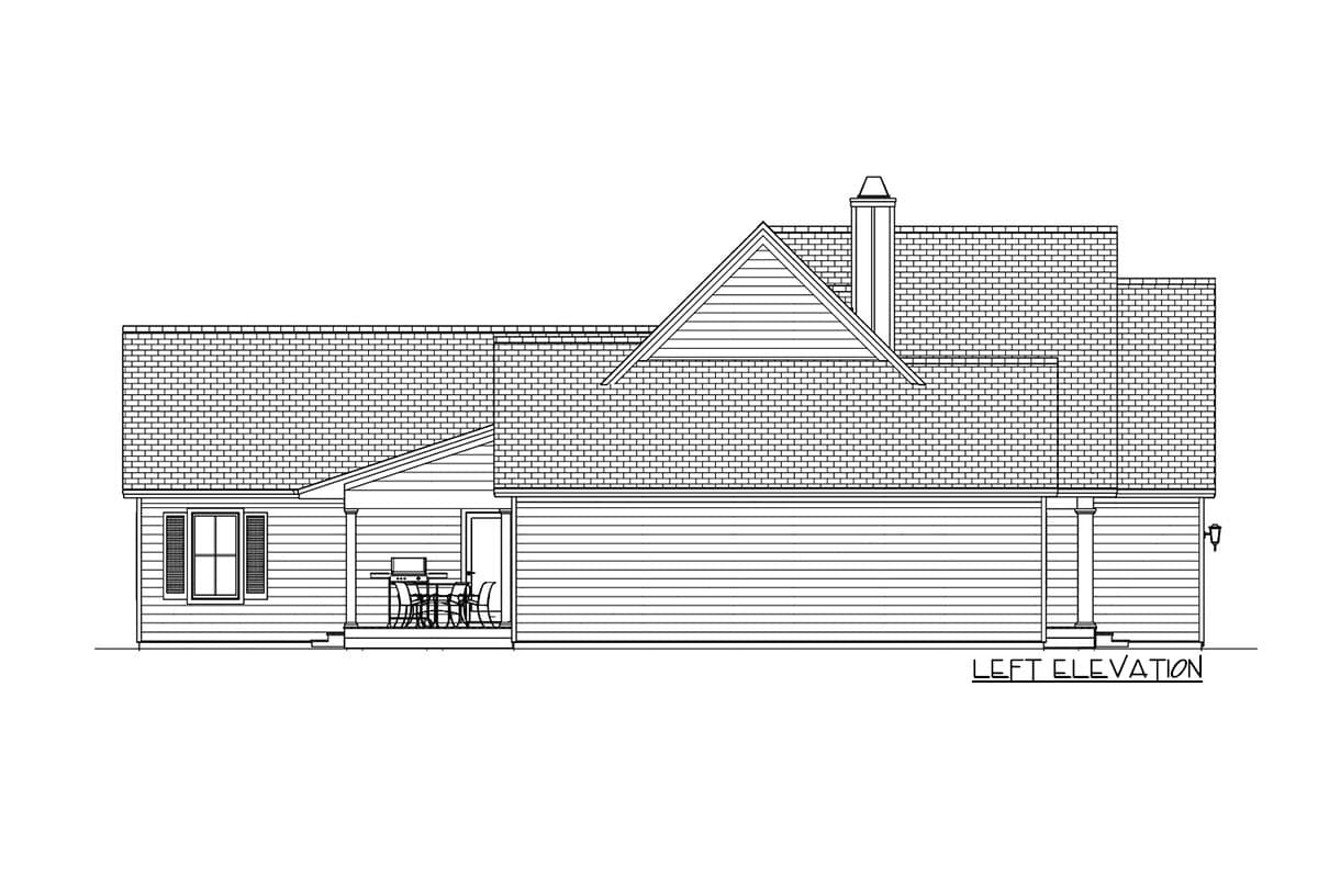 Line drawing of a house's left elevation, featuring a gabled roof, chimney, a small porch with a table, and windows with shutters.