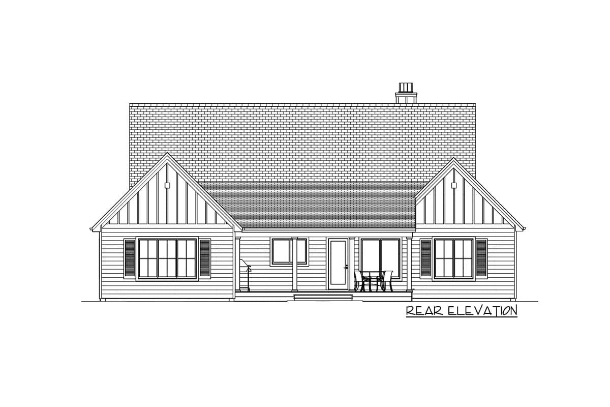 A black and white architectural drawing shows the rear elevation of a house with a gabled roof, windows, and a small porch area.