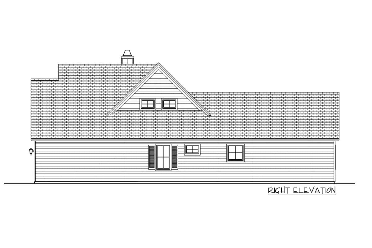 Line drawing of the right elevation of a house, showing the side profile with roof, windows, and the words "RIGHT ELEVATION" below.