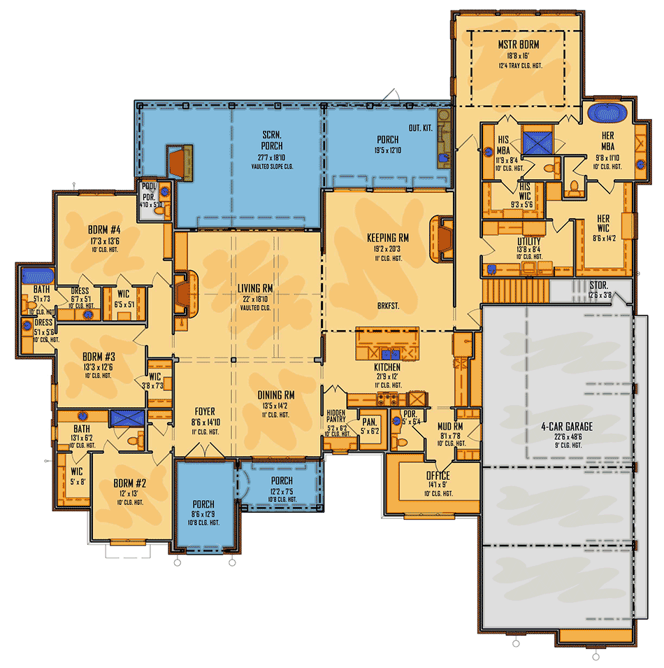 Plan 510181WDY: 4-Bed Modern Farmhouse with Private Master Suite and a 4-Car Garage - 4166 Sq Ft - Floor Plan - Main Level - Hill Country, Modern Farmhouse, New American