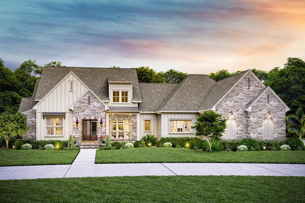 House plan exterior featuring mixed stone and vertical siding, a prominent gable, dormer, and covered entryway.