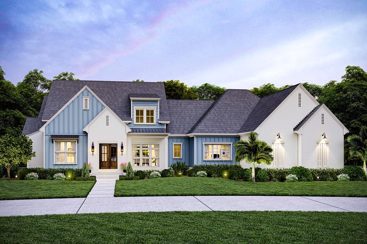Modern Farmhouse house plan exterior with a prominent gable, dormer, and a covered entry with double doors.