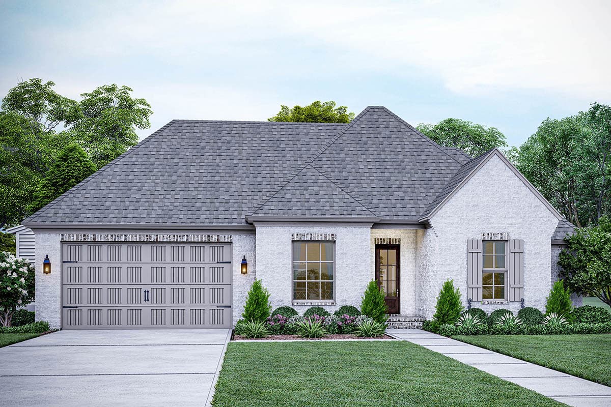 House plan exterior. Single-story home with a gabled roof, brick exterior, and attached garage. Includes shutters and a covered entry.