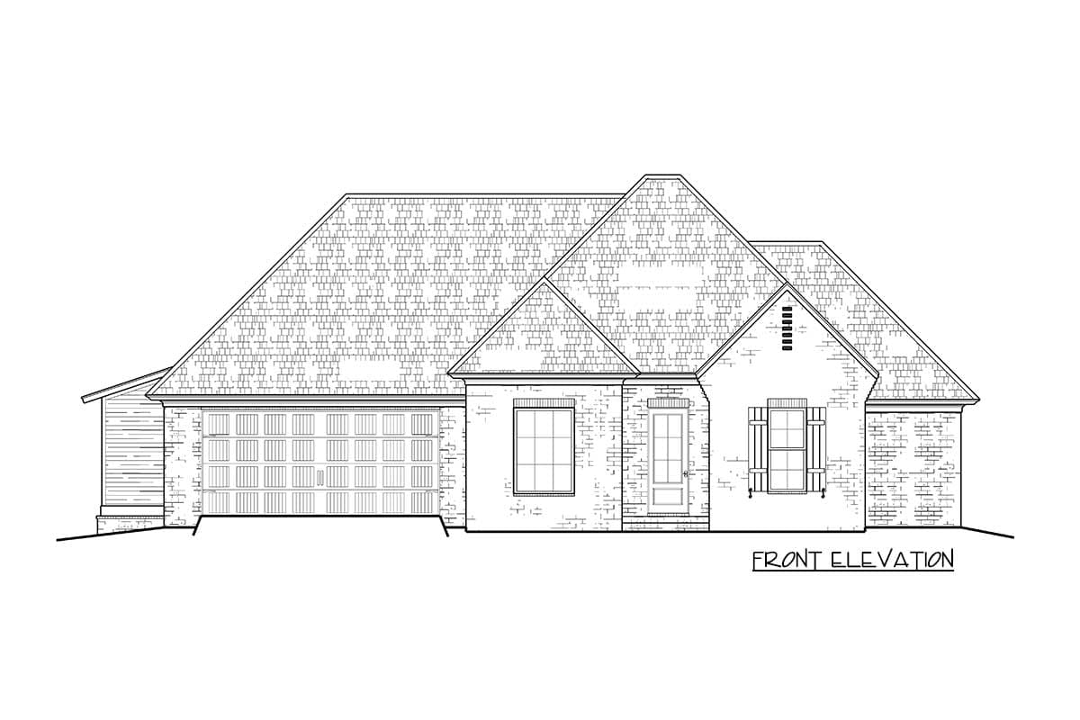 Front elevation drawing of a one-story house plan with a brick facade, prominent gable, and attached two-car garage.