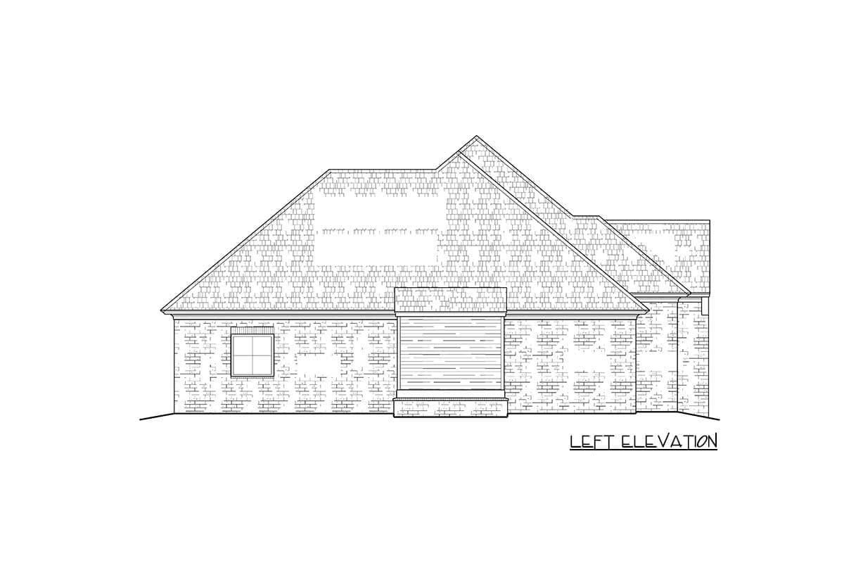 Left elevation drawing of a house plan showing brick exterior, single window, and layered rooflines.