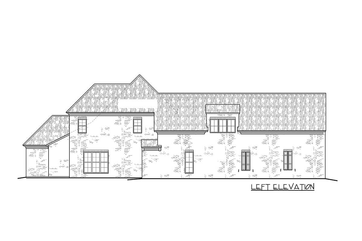 Left elevation house plan showing a two-story structure with a pitched roof, multiple gables, and various window styles including a dormer.