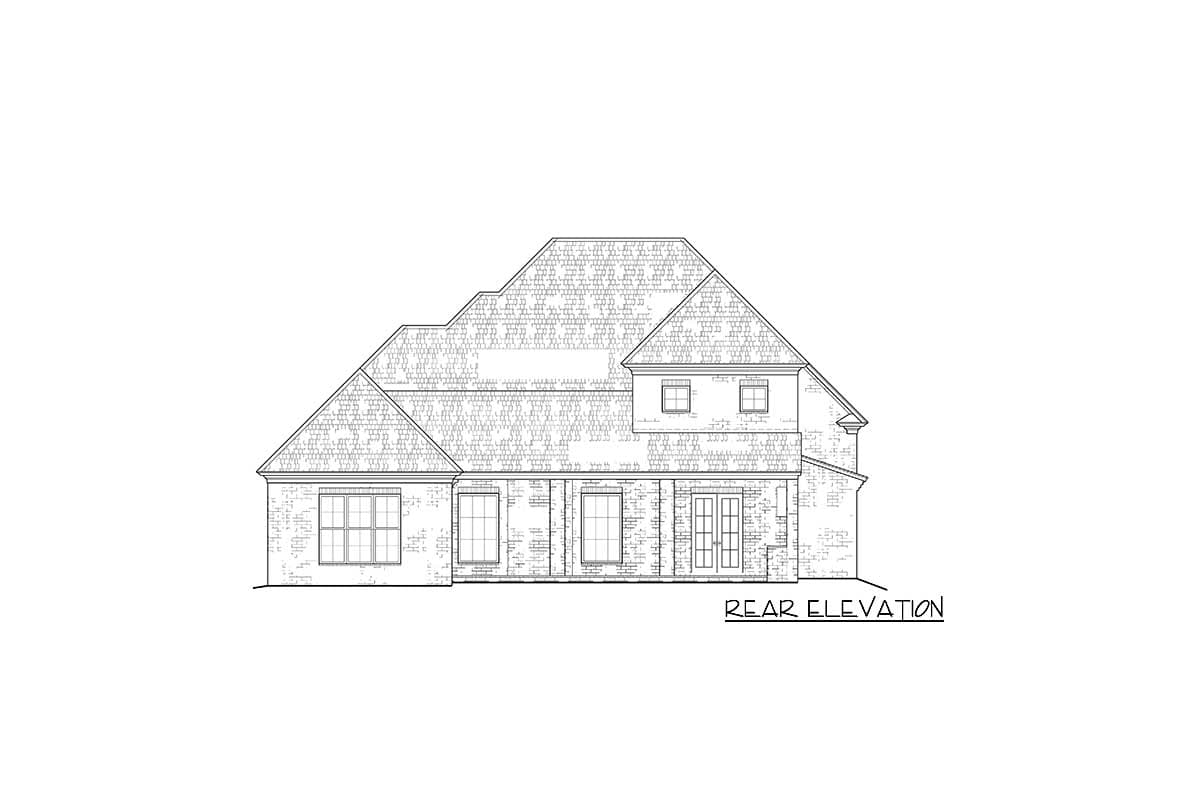 Rear elevation house plan drawing showing a multi-story brick house with varied rooflines, multiple windows, and double doors.