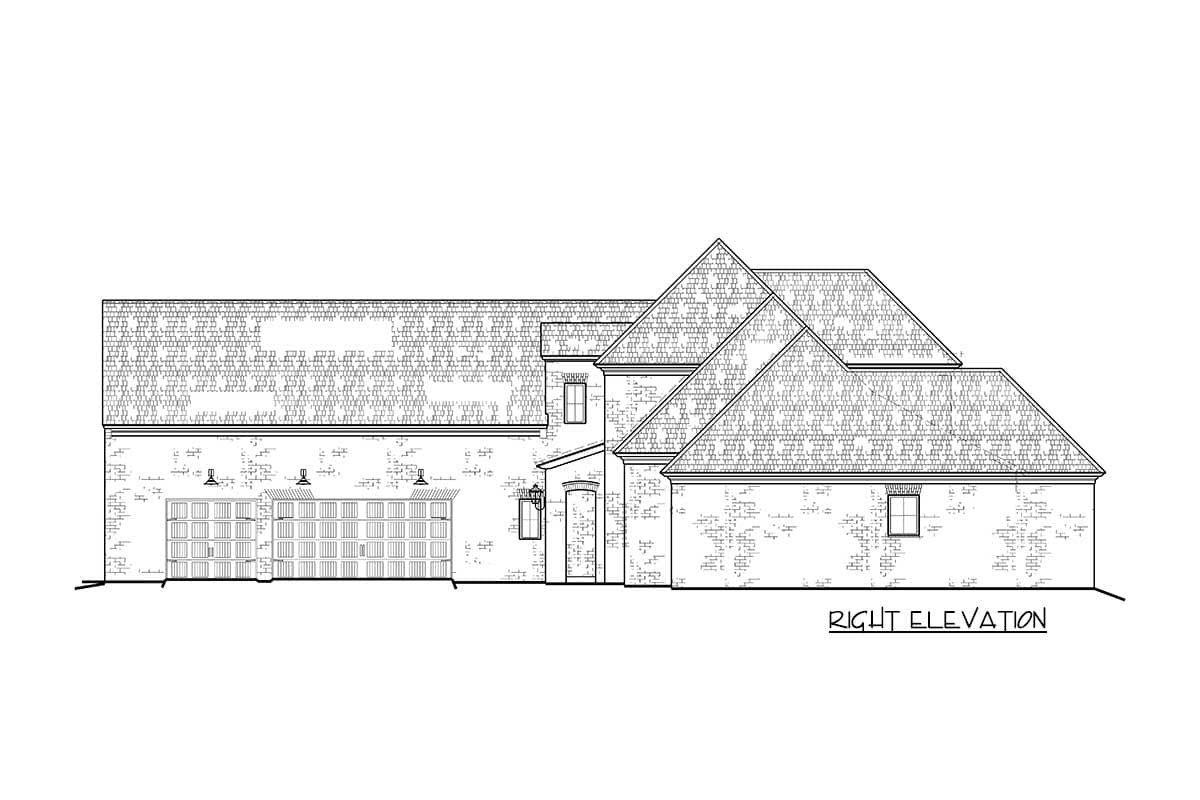 House plan right elevation shows a brick exterior with a prominent multi-gable roofline and a three-car garage.