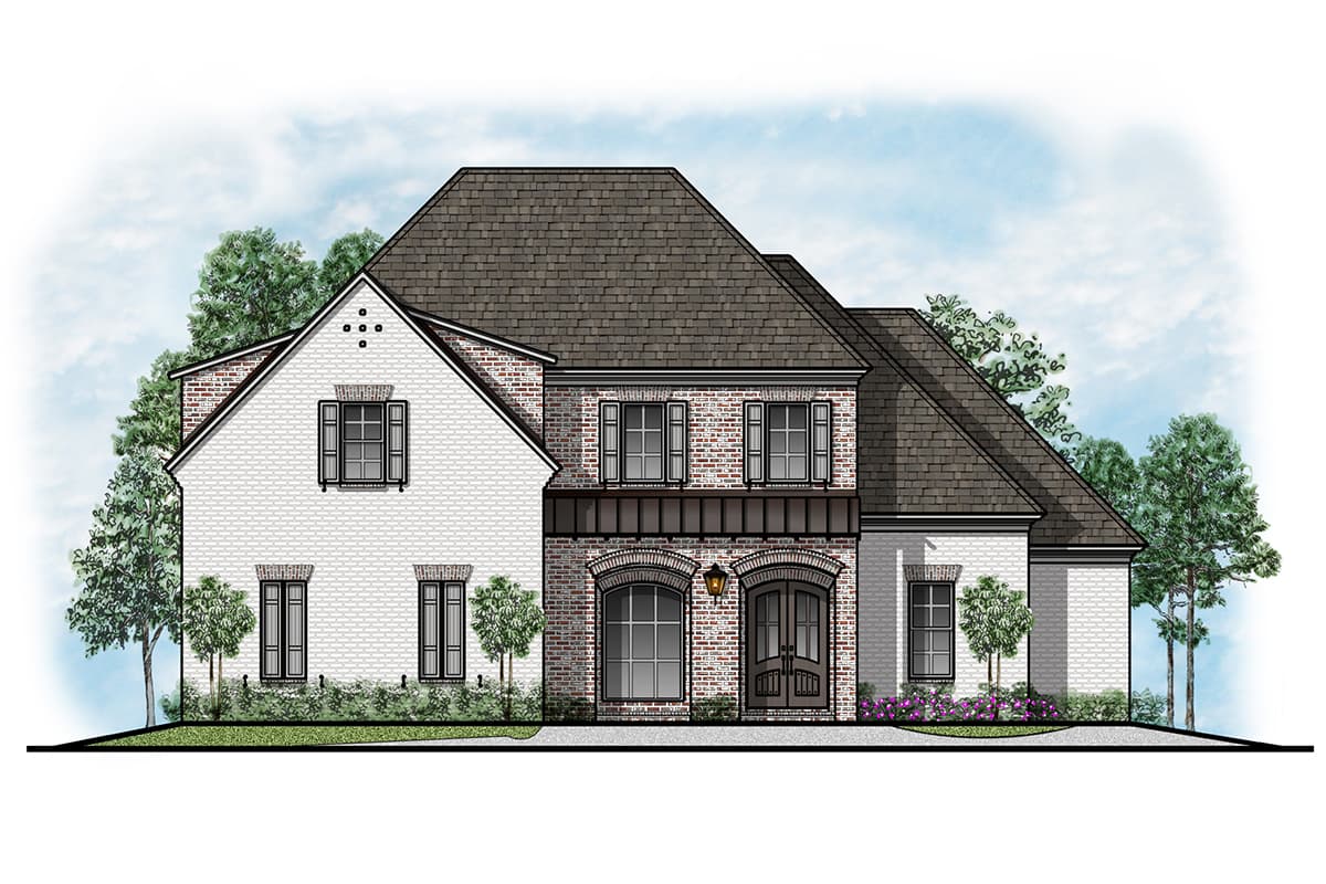 House plan exterior with two stories, brick and white siding, arched entry, dormers, and multi-gabled roof.