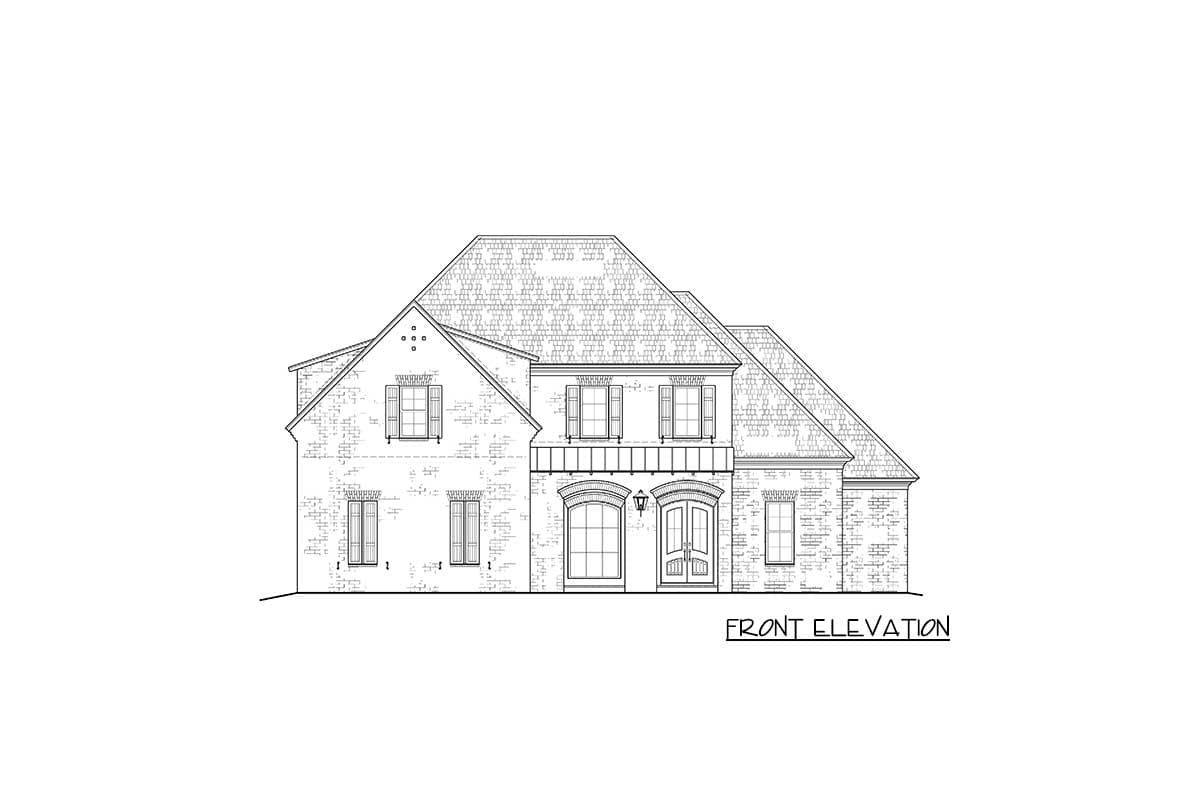 Front elevation house plan drawing with a symmetrical facade, double doors, arched windows, and multiple gables.