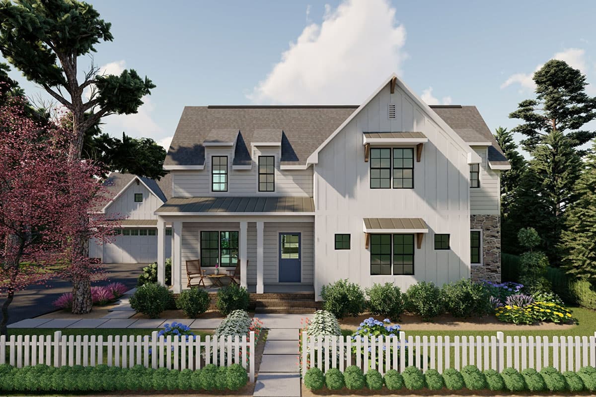 House plan exterior. Two-story Modern Farmhouse with gables, a covered porch, and a detached garage. Stone veneer accentuates the facade.