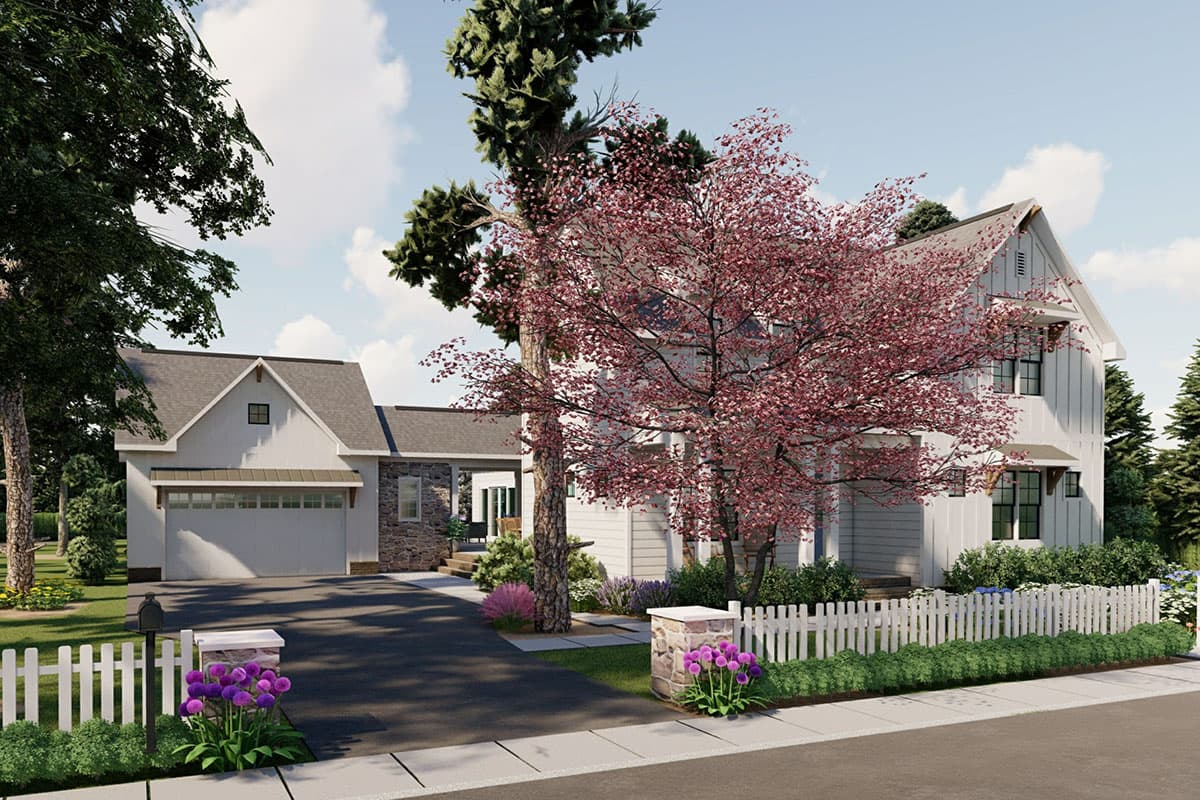 Modern Farmhouse house plan exterior with gabled roof, two-car garage, stone accents, and white picket fence.