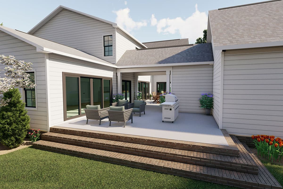 House plan exterior: Modern farmhouse style, two stories, with gabled roof, covered patio, and large sliding glass doors.