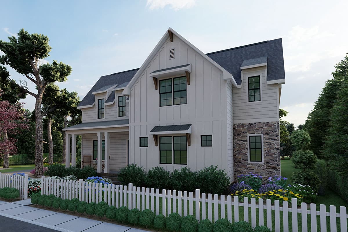 Modern Farmhouse house plan exterior: two stories, board-and-batten siding, stone accents, gables, dormers, and porch.