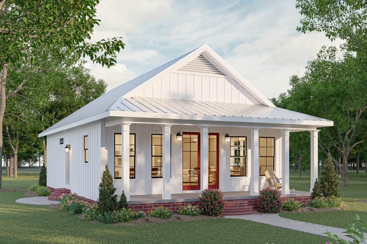 House plan exterior with a farmhouse style. Features include a gabled roof, columned porch, and a metal roof. One story house plan.