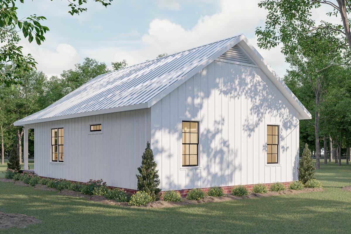 House plan exterior: one-story Modern Farmhouse with vertical siding, gable roof, and white metal roof.