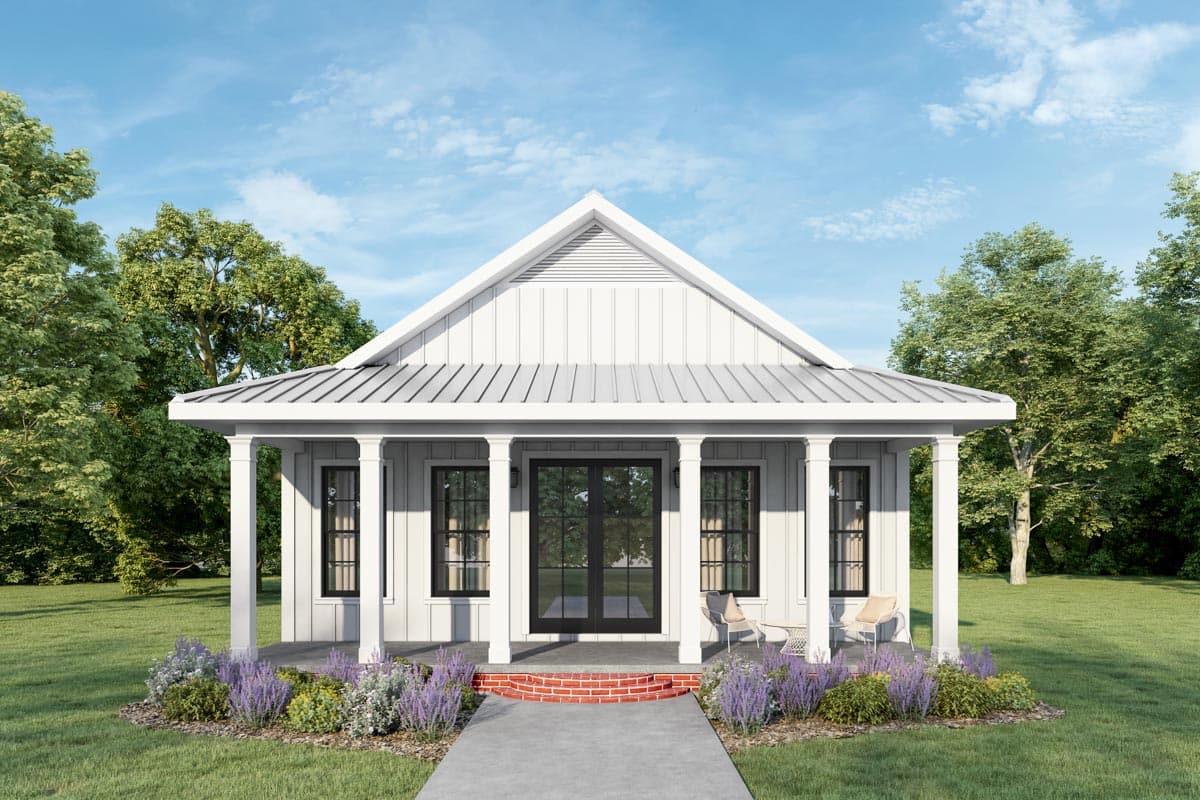 Modern Farmhouse house plan exterior: one story, metal roof, full front porch with columns, gabled dormer above double doors.